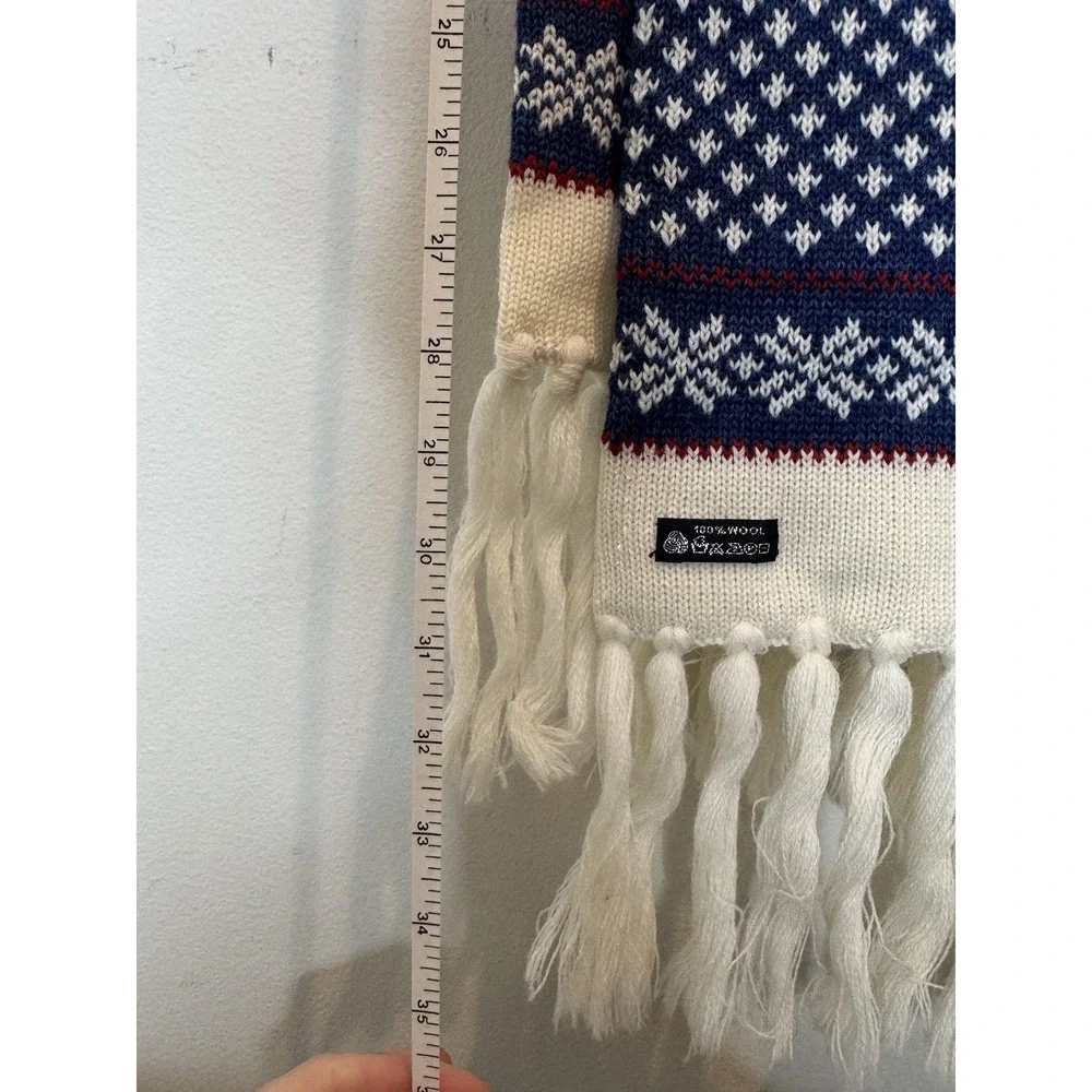 Wool Knit Scarf Womens Blue White‎ Fair Isle Tassel Fringe Winter Warm